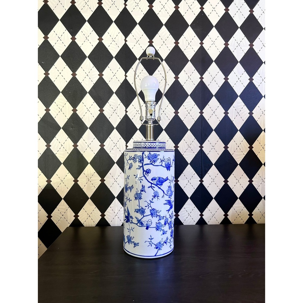 Tall Blue White Chinoiserie Table Lamp Ceramic Bird Floral Ginger Jar 25.5" - Picture 13 of 15